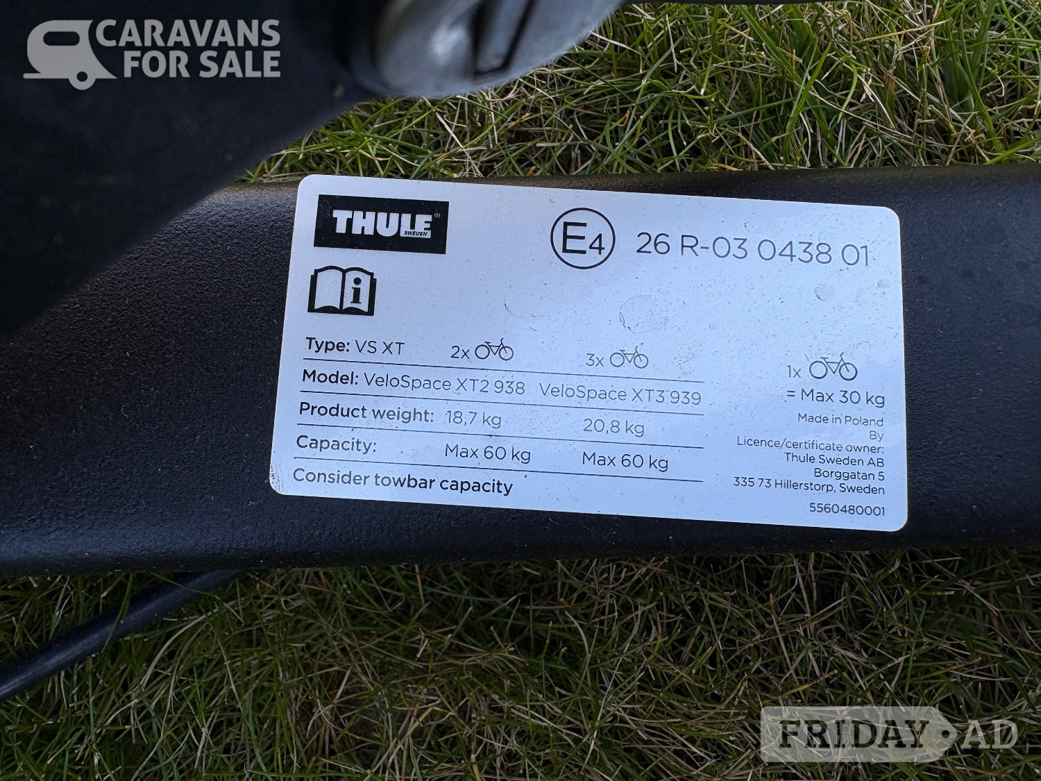Dover Thule bike carrier to accommodate two electric bikes, as new.