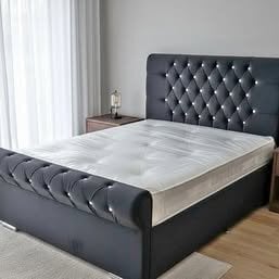 King Size Sleigh Bed Diamond Tufted Grey Velvet | UK Delivery COD
