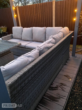 Grey Ratton corner sofa suite with table 