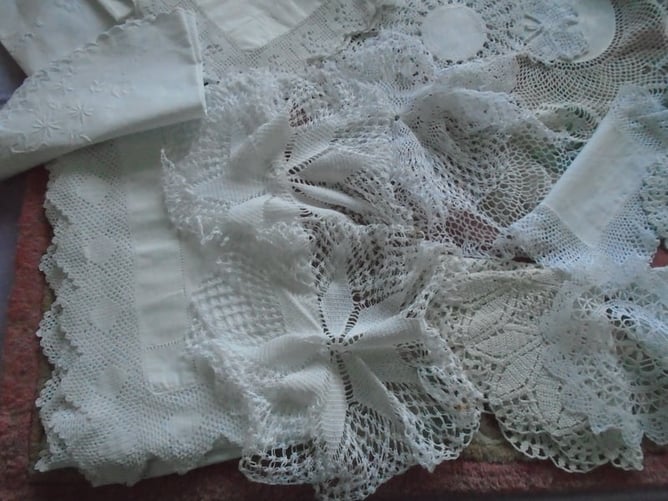 Melksham various collections of laces/crochets/embrodiery and the like. dressing table sets, runners  etc.