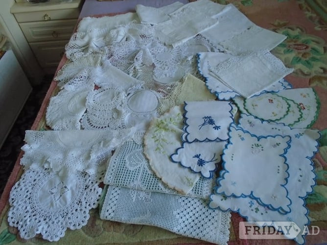 various collections of laces/crochets/embrodiery and the like. dressing table sets, runners  etc.