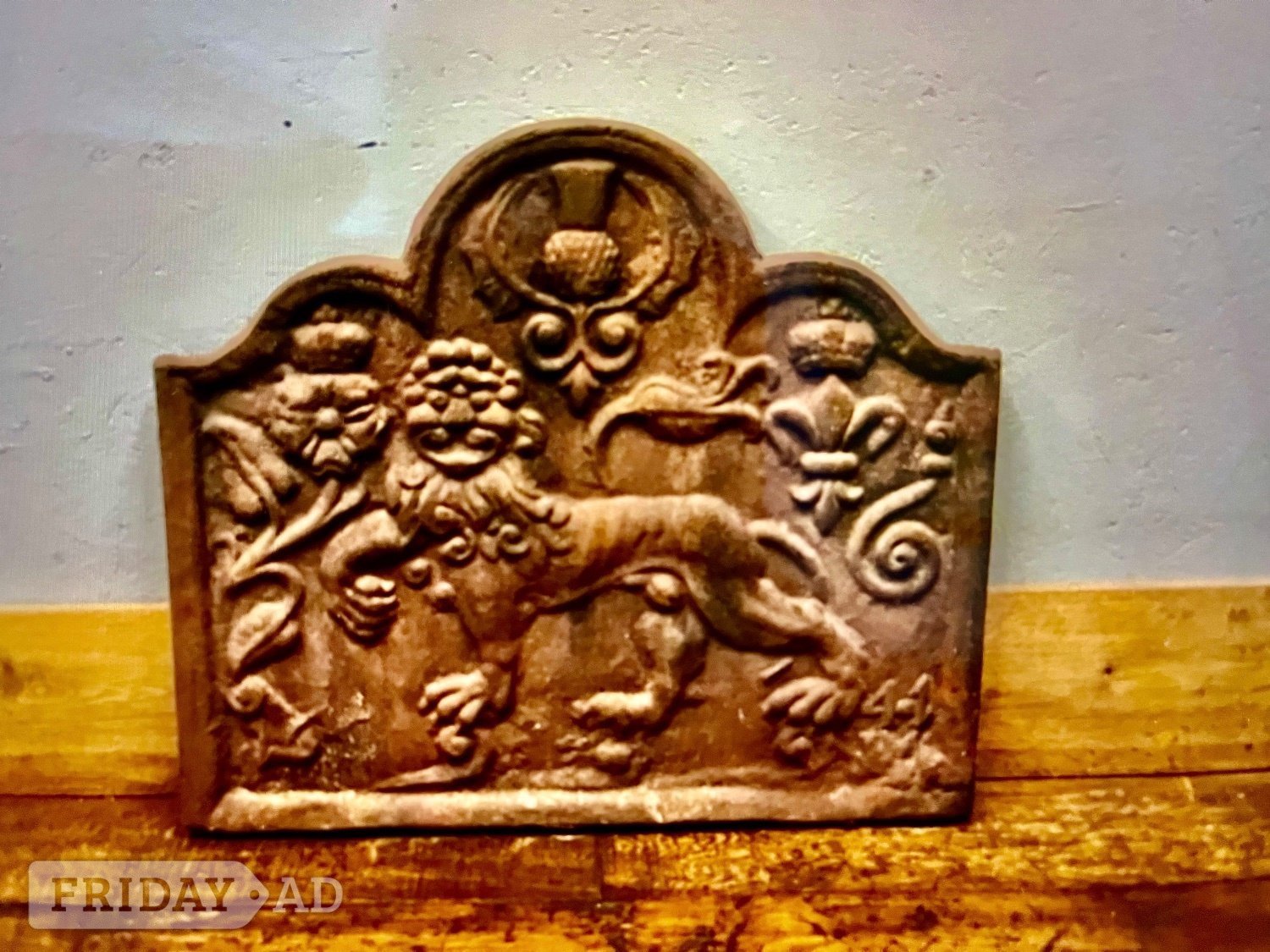 Antique English Cast Iron Fire Back 1641 & Marked MI  