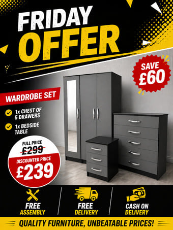 Grey Set of Wardrobe with Drawer & Night Stand 