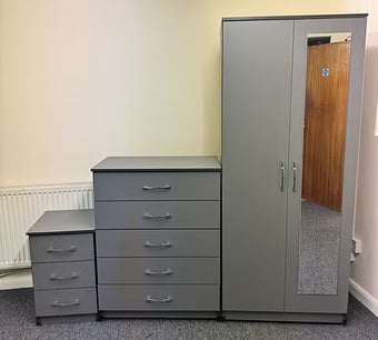 METRO (GREY) MIRROR WARDROBE CHEST & BEDSIDE - FULLY ASSEMBLED