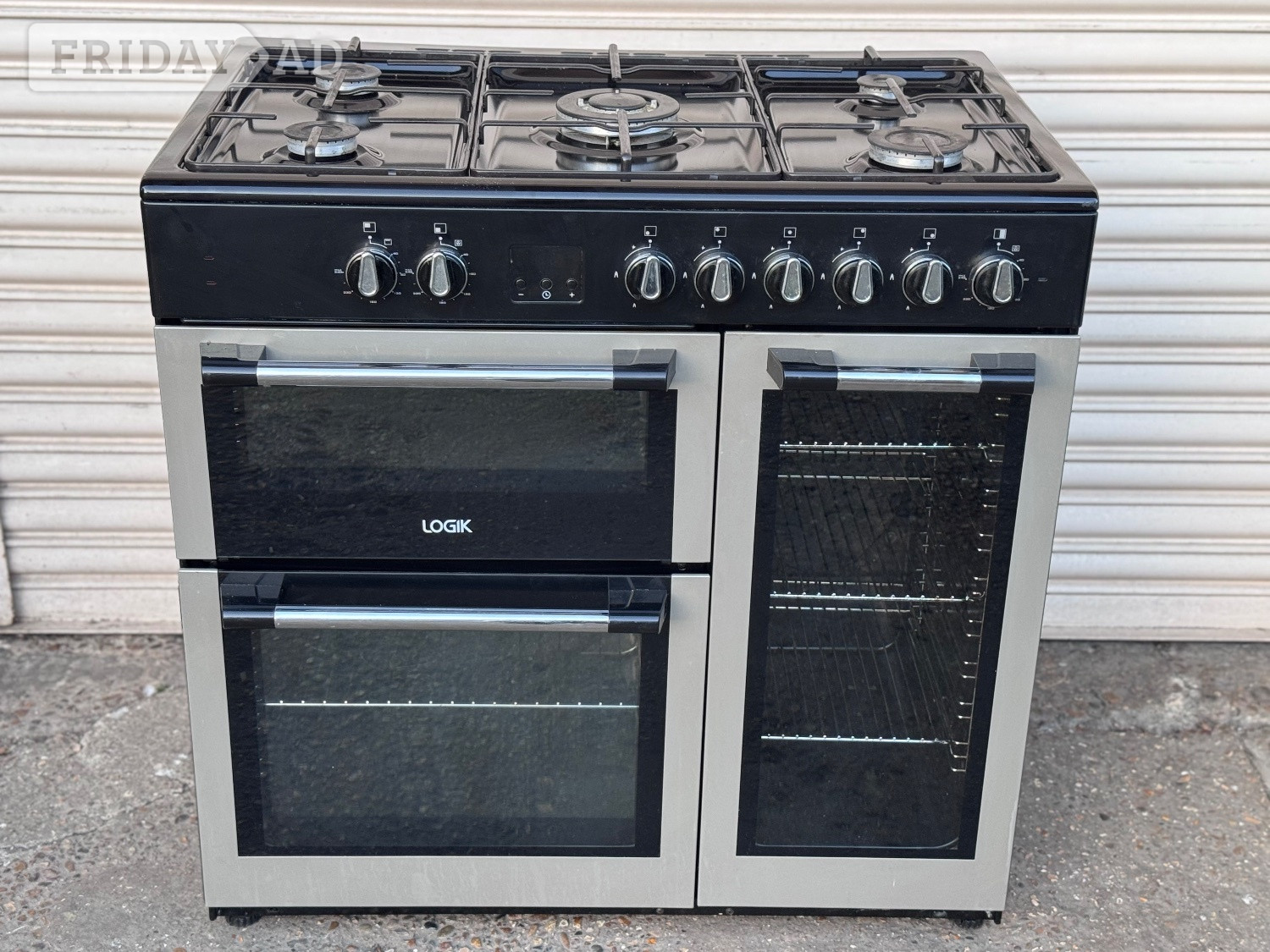 Logik dual fuel gas range cooker 90cm fsd silver 3 months warrant
