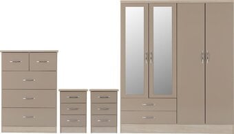 NEVADA 4 DOOR 2 DRAWER MIRRORED WARDROBE BEDROOM SET OYSTER GLOSS