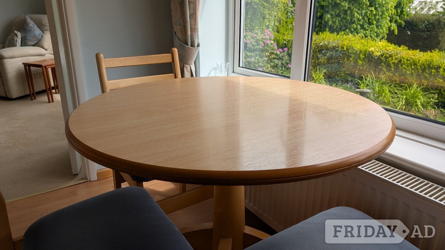 Light wood colour small dining table & 3 chairs with padded seats