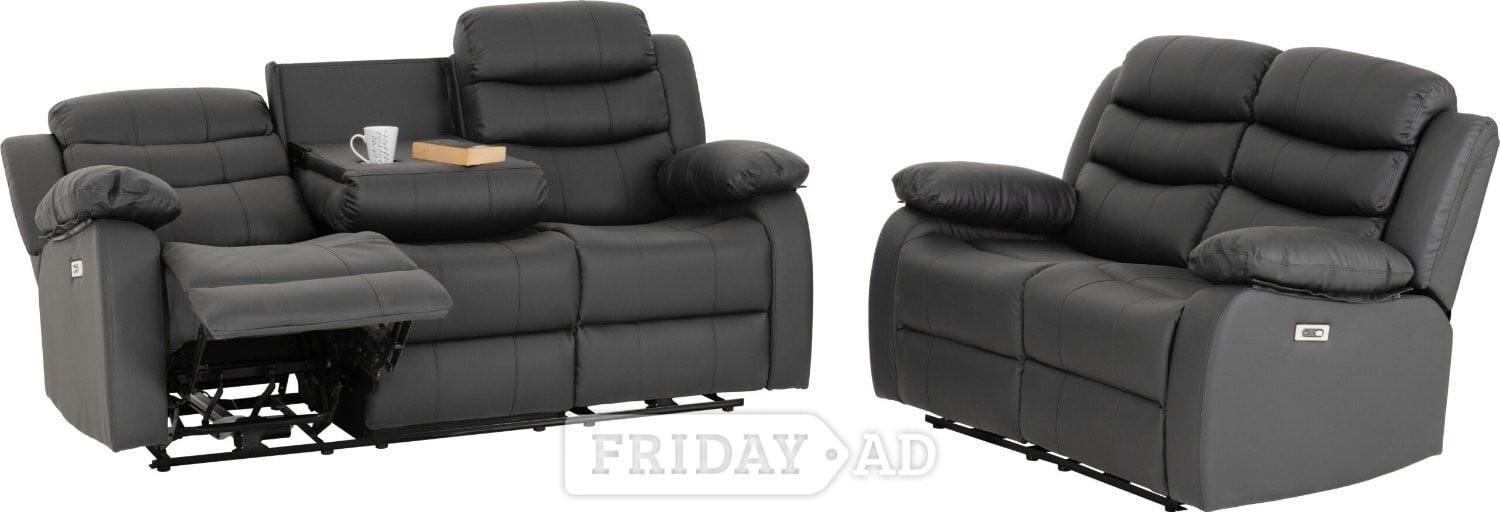ROMA ELECTRIC RECLINER 3+2 GREY LEATHER WITH CUP HOLDERS USB in Rotherham
