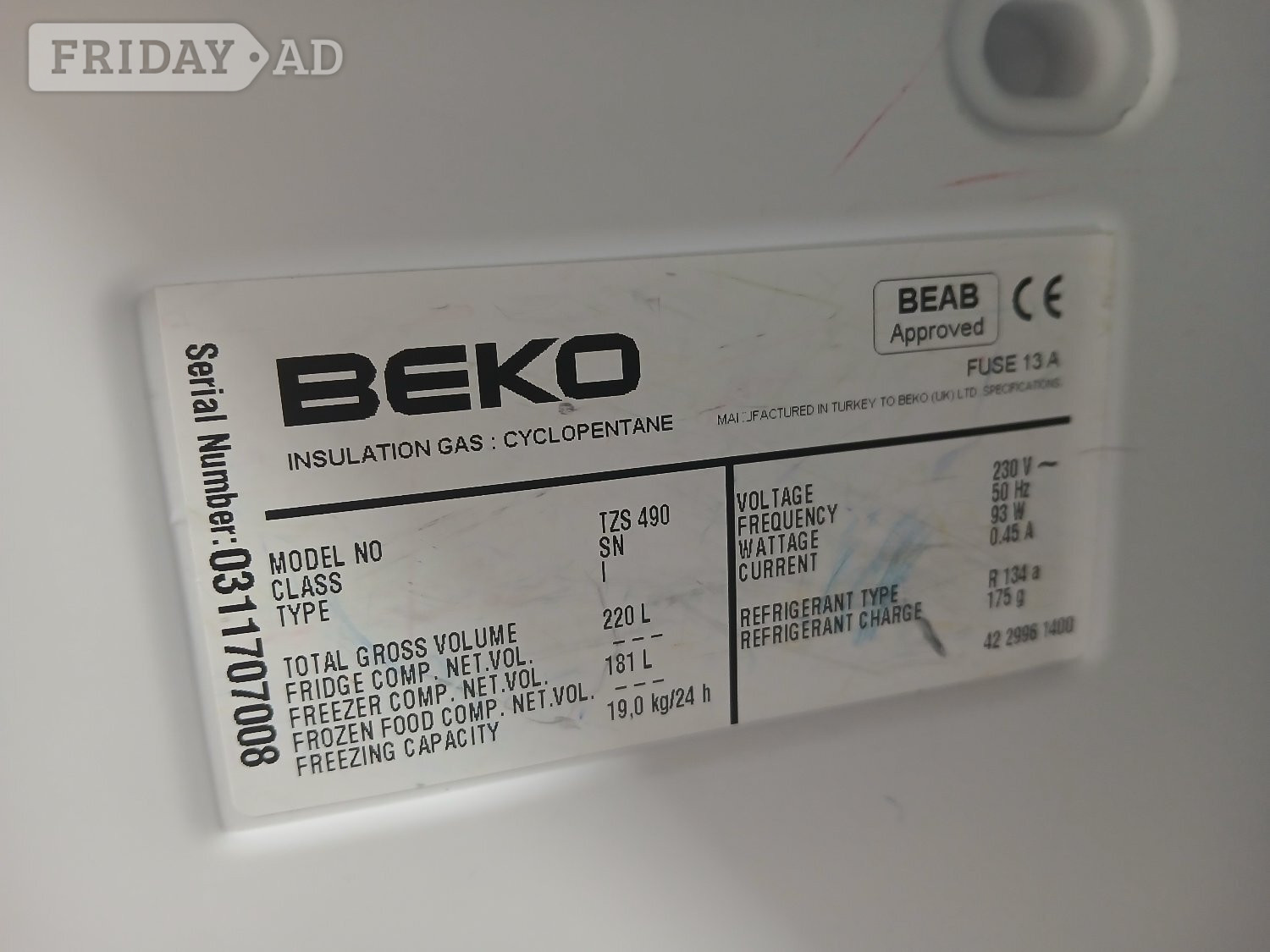 Beko Freezer upright 5 drawer  H-143cm  W-53cm  D-53cm  Good Cond