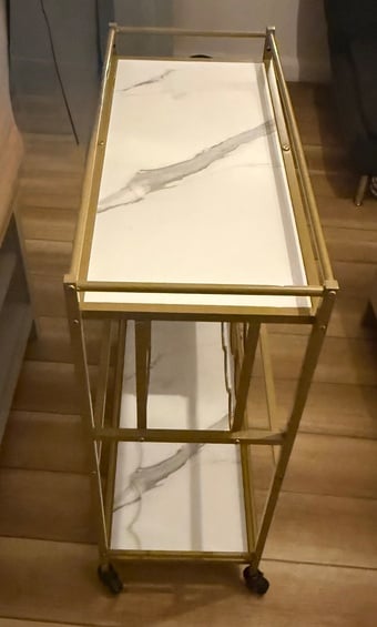 Gold Bar Cart with Marble Effect Shelves – Great Condition