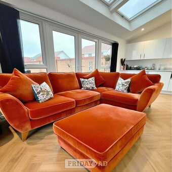 Luxury Burnt Orange Velvet L-Shaped Corner Sofa with Ottoman 
