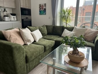 DFS Olive Green Plush Velvet Corner Sofa,Modular 5x Seater Modern