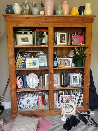 Very large pine antique storage shelves originally school