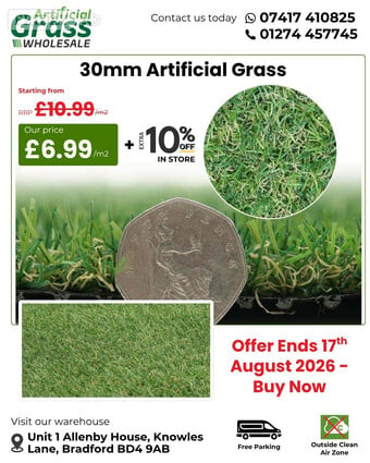 30mm Artificial Grass | Was £10.99, Now £6.99/m² + Extra 10% Off
