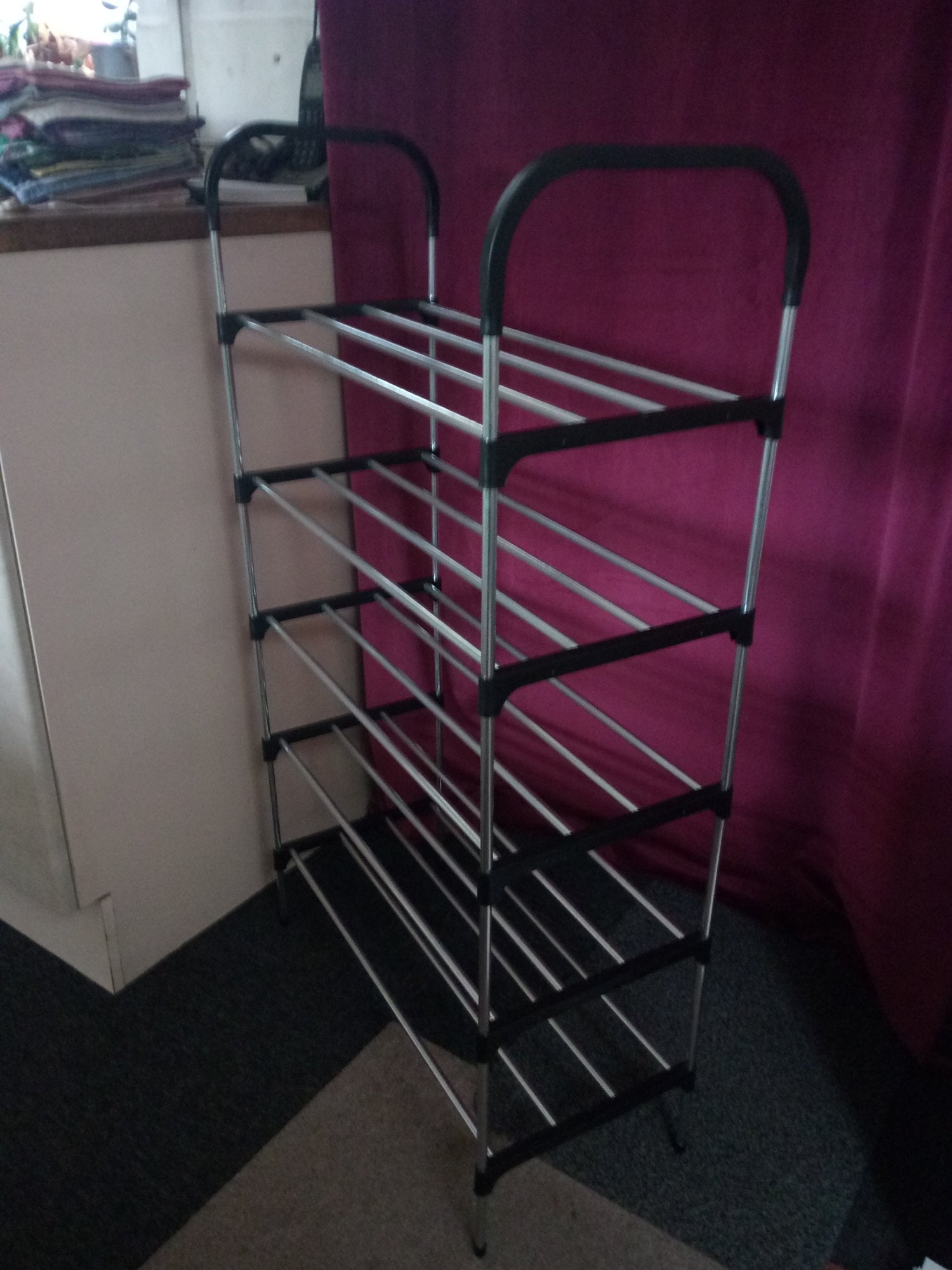 Chrome metal and black plastic shoe,storage rack