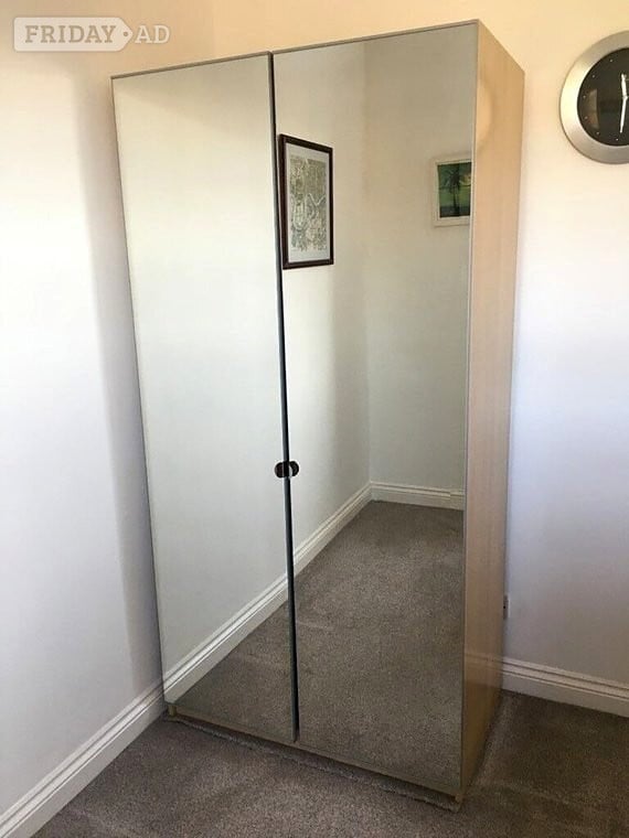  2 Door Oak Vinatge Fully Mirrored Wardrobe with Hanging Rail  in Manchester