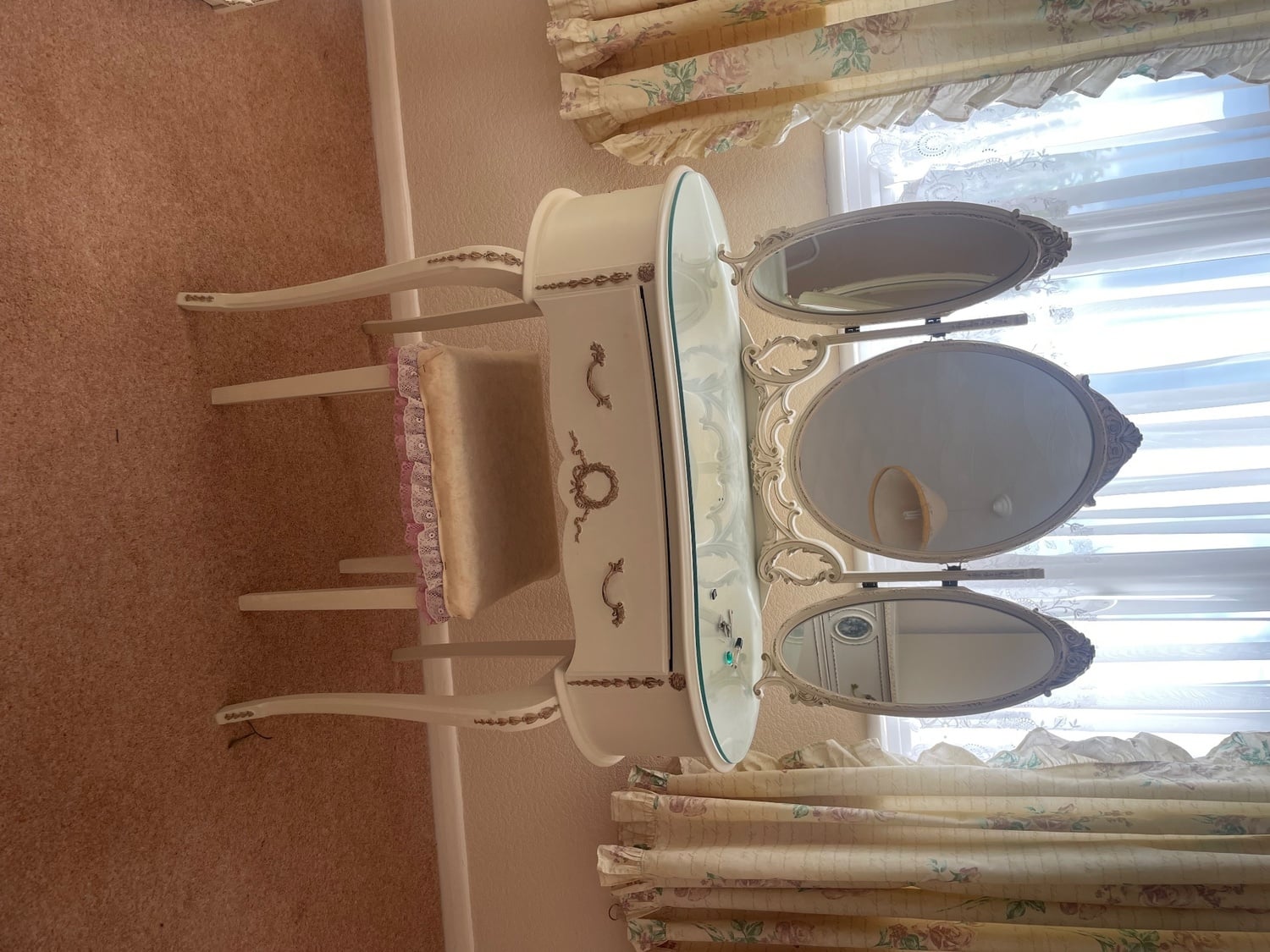 Small dressing table with matching chest of drawers, wardrobe and