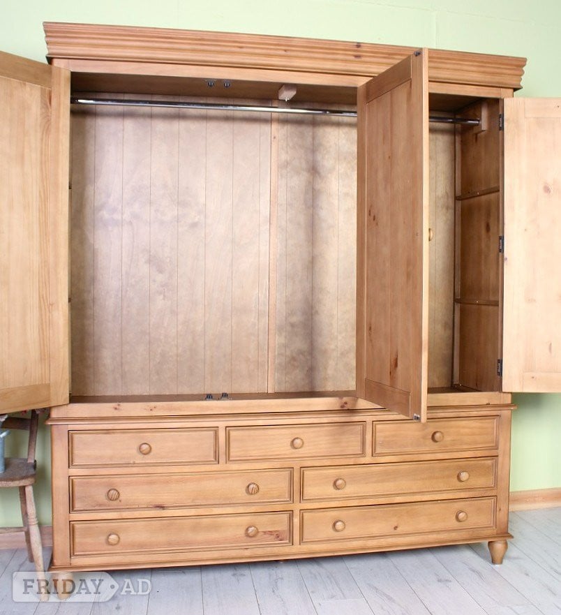 UK Delivery - Large Pine Triple Farmhouse Wardrobe With 7 Drawers