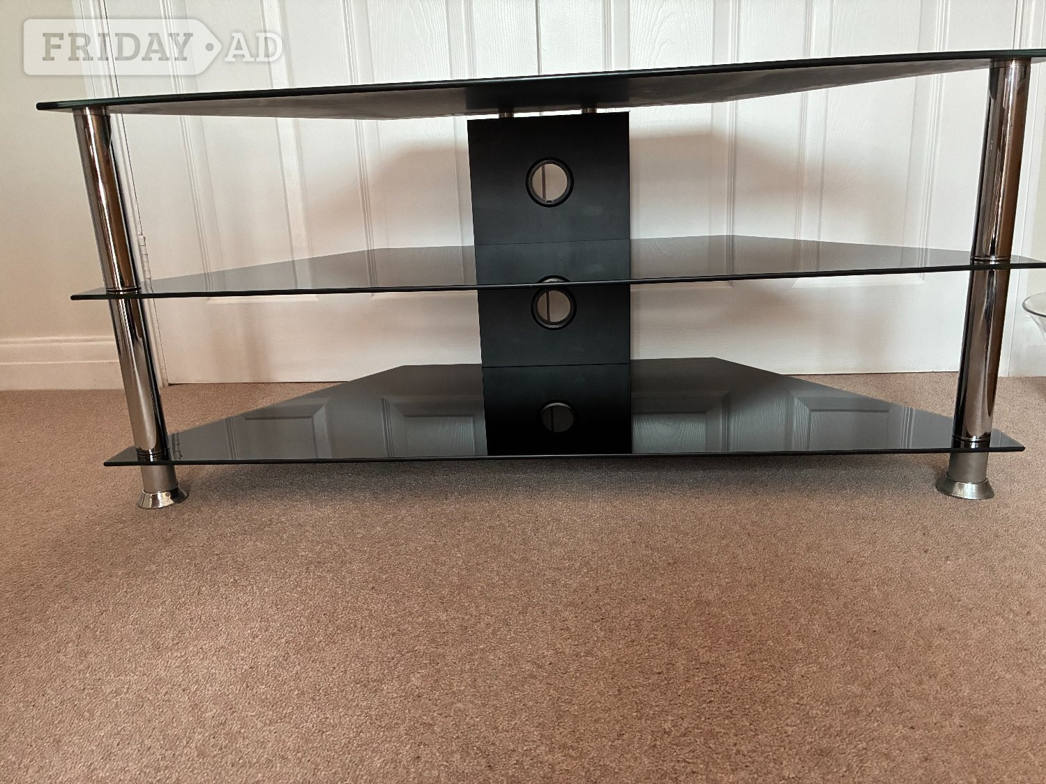 Black Glass TV Corner Stand with Glass Shelves and Cable Mgmt