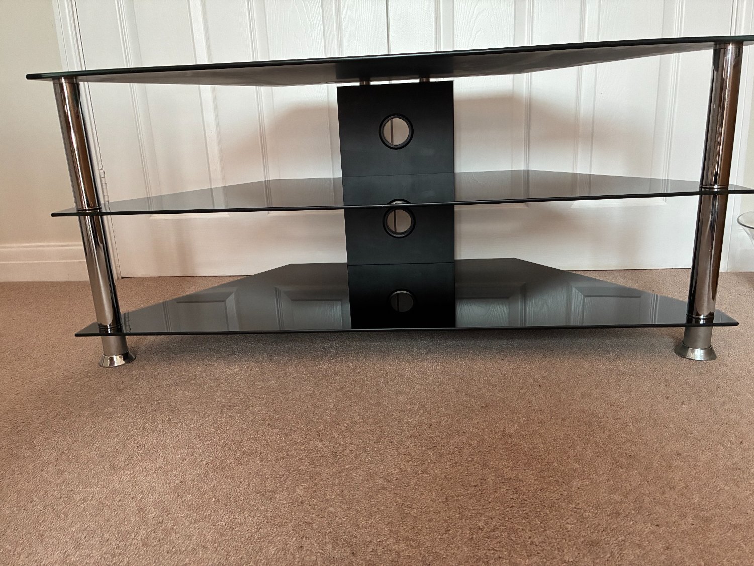 Black Glass TV Corner Stand with Glass Shelves and Cable Mgmt