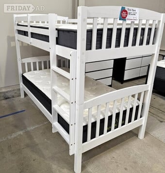 White or Grey Wooden Bunk Bed Frame with Mattresses
