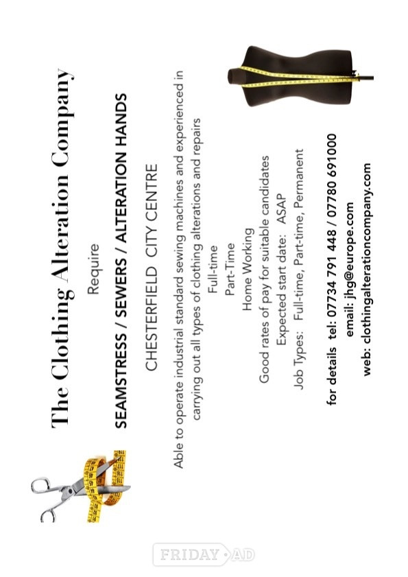 The Clothing Alteration Company Require SEAMSTRESS / SEWERS / ALTERATION HANDS  in Chesterfield