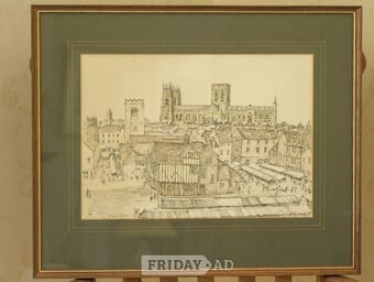 Framed print of York Minster scene from original drawing