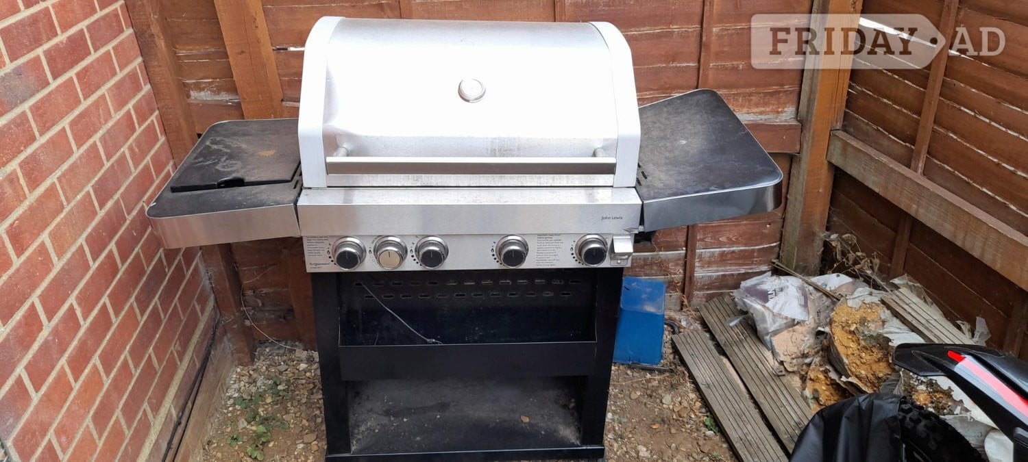 John Lewis & Partners 4 Burner Deluxe Gas BBQ with Side Burner, Silver/Black in Luton