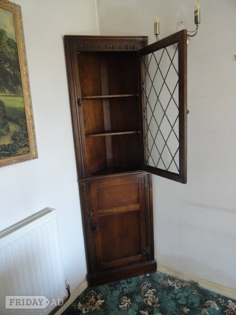 Lancing Tall corner display cabinet, dark oak with glazed door