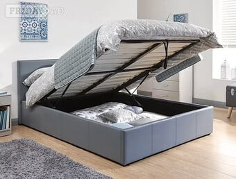 KING SIZE - END LIFT GREY FAUX LEATHER OTTOMAN STORAGE BEDSTEAD