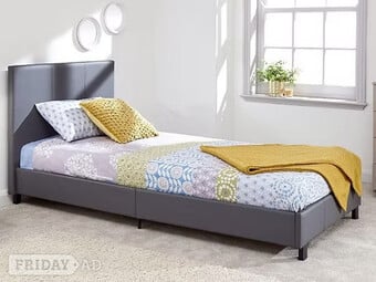 SINGLE FAUX LEATHER BED IN A BOX BEDSTEAD - GREY