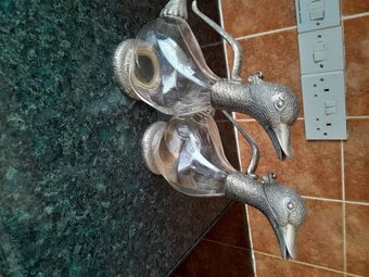 Vintage pair of duck Decanters, silver plated