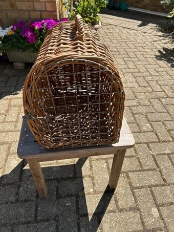 Used Wicker Cats Basket With Handle, Hinged Door &Latch