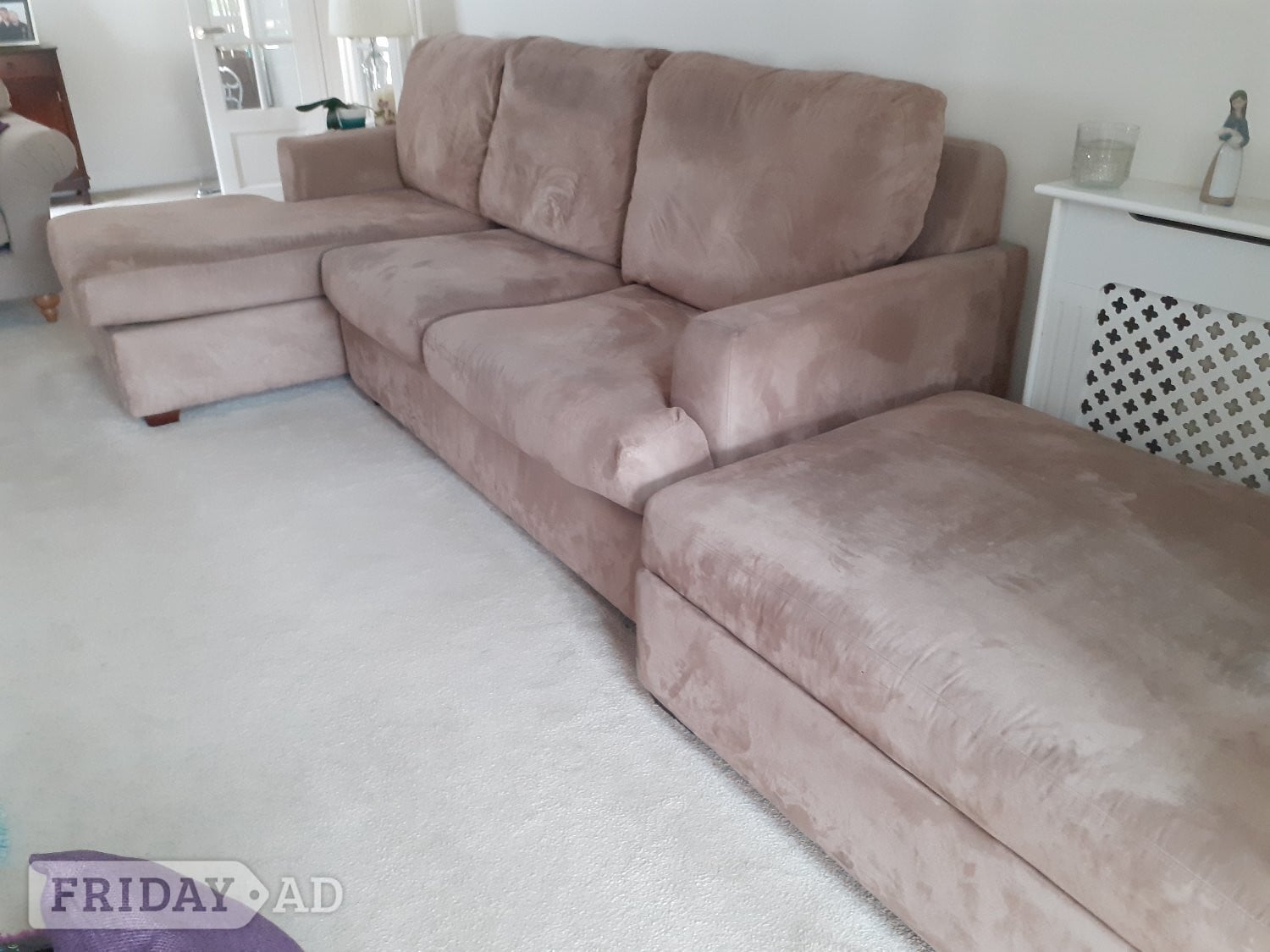 Right hand corner sofa and ottoman. Taupe velvety material. 
