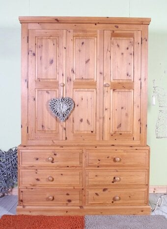 UK Delivery - Large Waxed Farmhouse Pine Wardrobe With 6 Drawers
