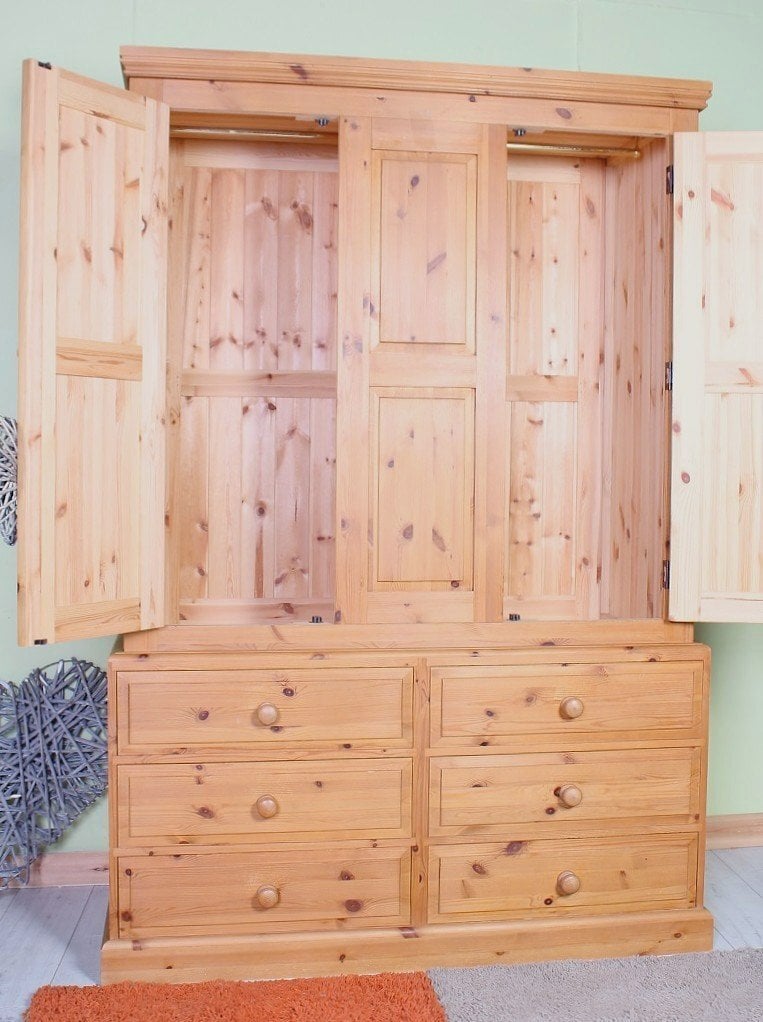 UK Delivery - Large Waxed Farmhouse Pine Wardrobe With 6 Drawers - Furniture