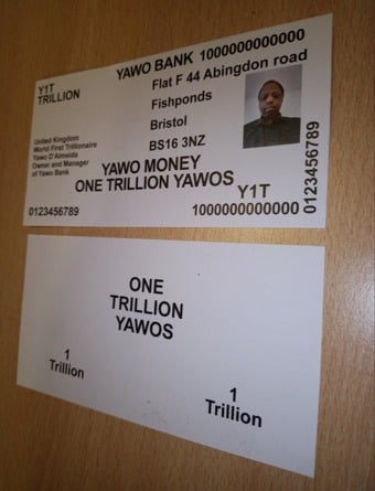 World First Trillionaire Yawo D'almeida Y1T Banknote For Sale 