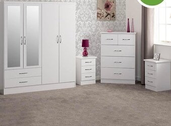 NEVADA 4 DOOR 2 DRAWER MIRRORED WARDROBE BEDROOM SET WHITE GLOSS