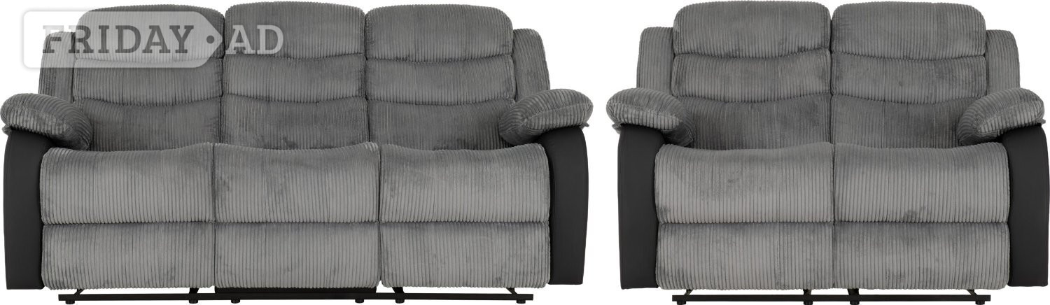 ROMA 3&2 GREY JUMBO CORD & BLACK FAUX LEATHER RECLINER SOFAS  in Rotherham