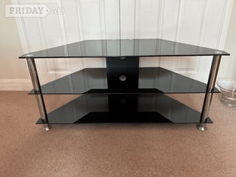 Black Glass TV Corner Stand with Glass Shelves and Cable Mgmt