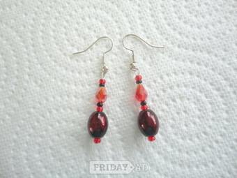 Handmade Red & Black, Glass Bead, Drop Earrings.  S.P. Hook Ear-Wires.