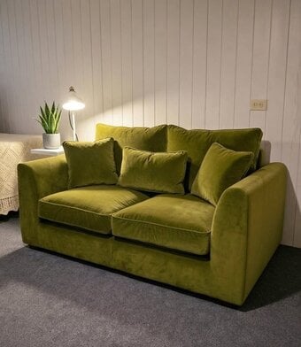 Olive Green 2x Seater Sofa With Pouffe