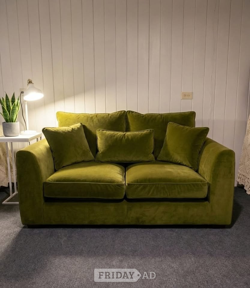 Olive Green 2x Seater Sofa With Pouffe
