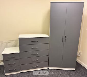 METRO (WHITE/GREY ) WARDROBE CHEST & BEDSIDE - FULLY ASSEMBLED