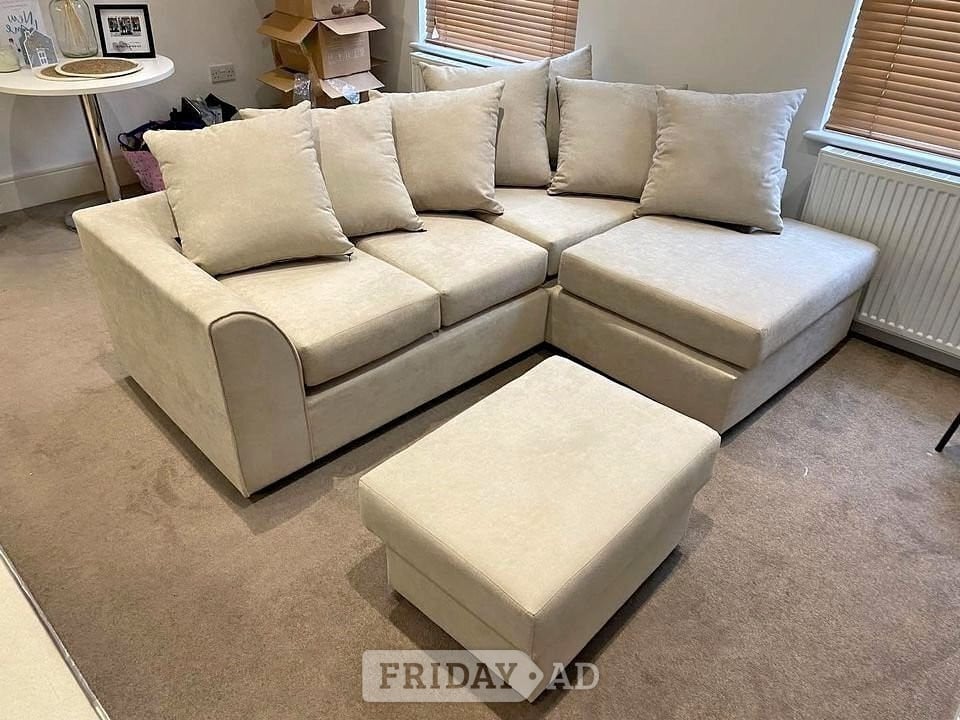 Oldham Brand New Cream Corner Sofa with Footstool – L Shape Chaise Sofa