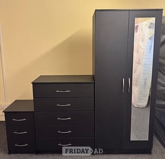 METRO (BLACK) MIRROR WARDROBE CHEST & BEDSIDE - FULLY ASSEMBLED