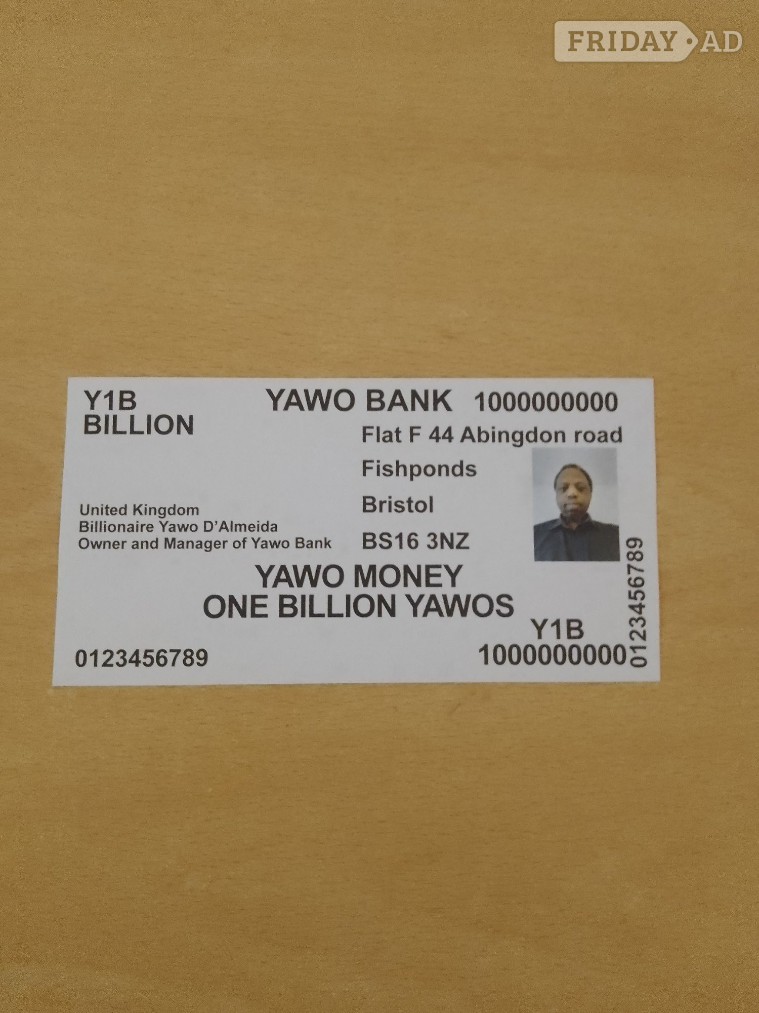 Billionaire Yawo D'almeida Y1B Banknote For Sale At £1B in Bristol