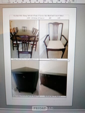 Dining Room Table & Chairs, Side Board and Corner Cabinet