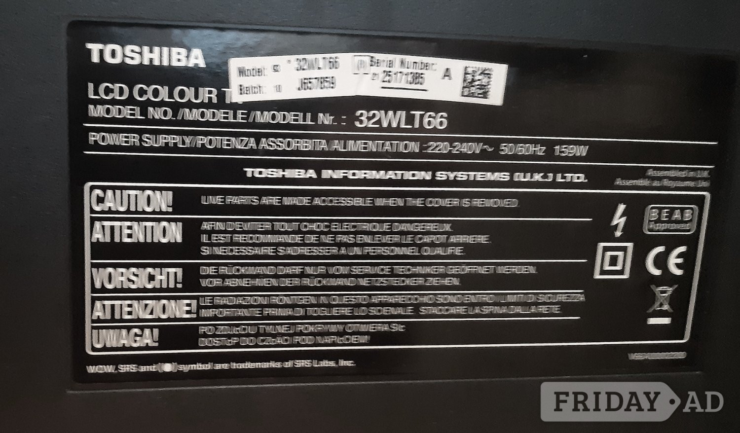 32” Toshiba model 32WLT66 LCD TELEVISION - Tv, Audio & Cameras in East Grinstead