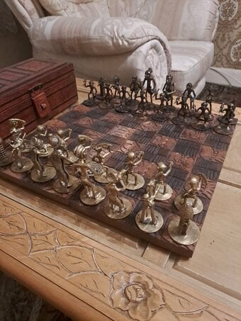 Unique African tribal bronze chess set.